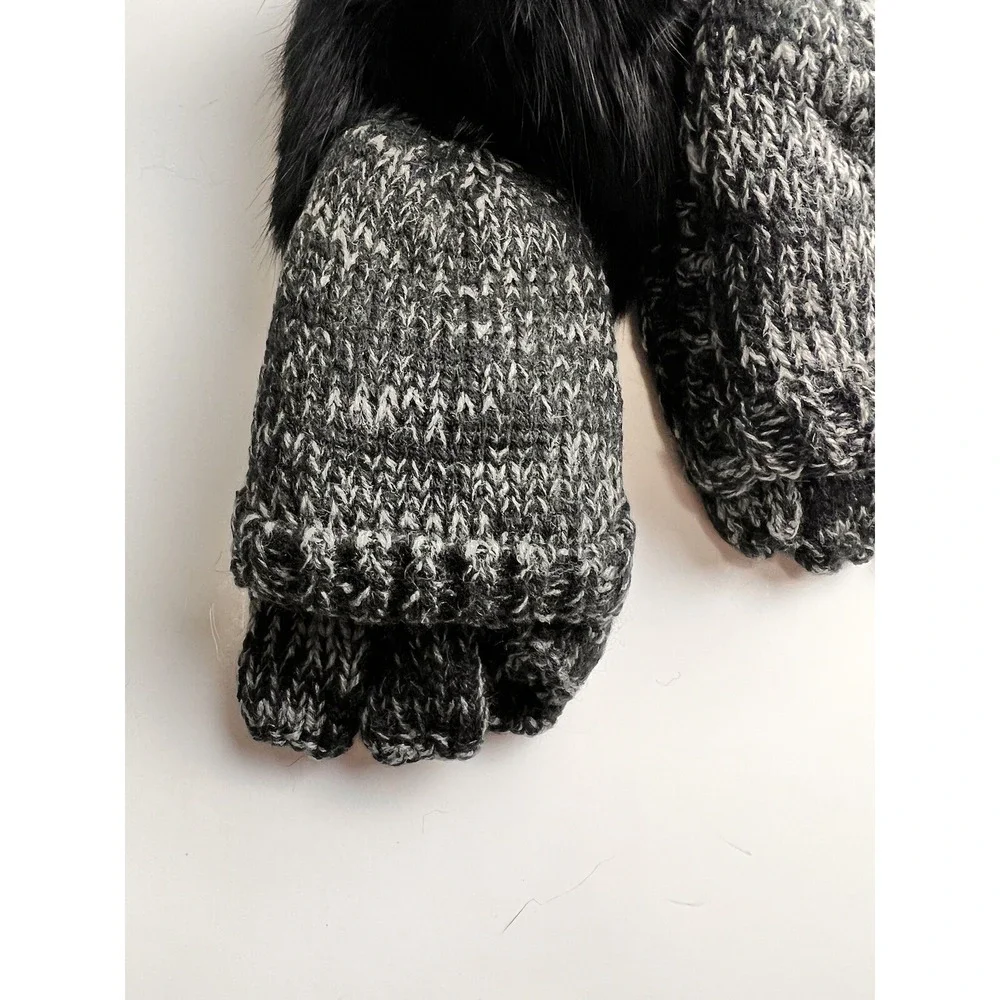 Surell Kids Rabbit‎ Fur Trim Fingerless Gloves Gray Black NWT